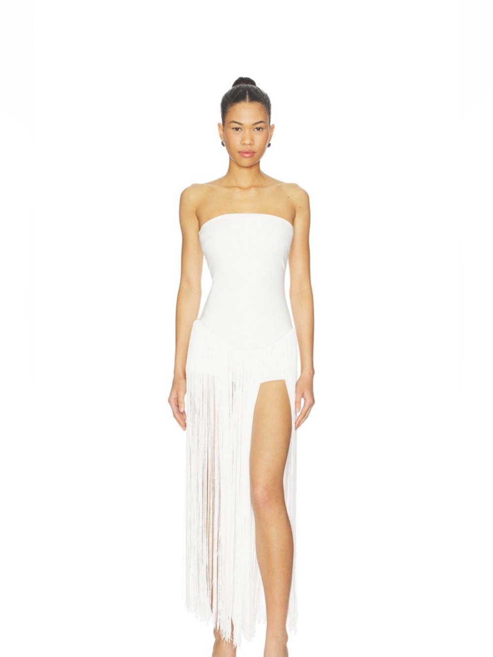 superdown White Strapless Fringe Maxi Dress with High Slit